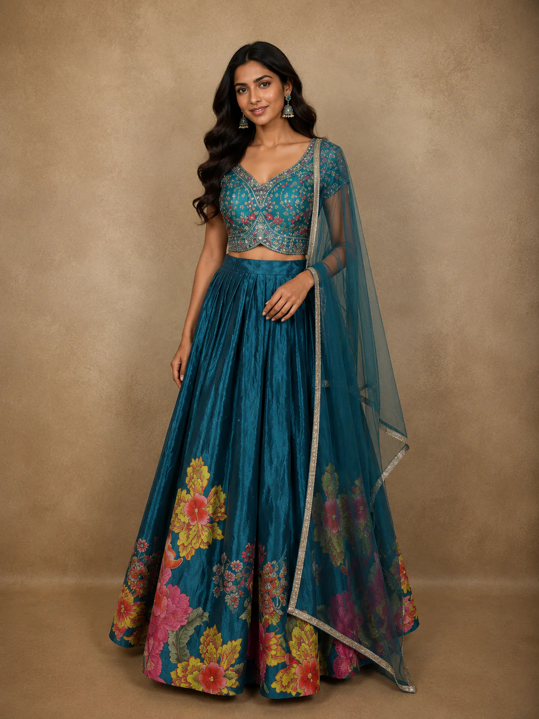 Teal Blue Floral Embroidered Design Chiffon Lehenga